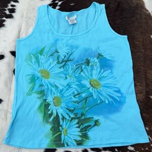 Chaus 90s vintage bedazzled turquoise and green daisy flower floral tank top